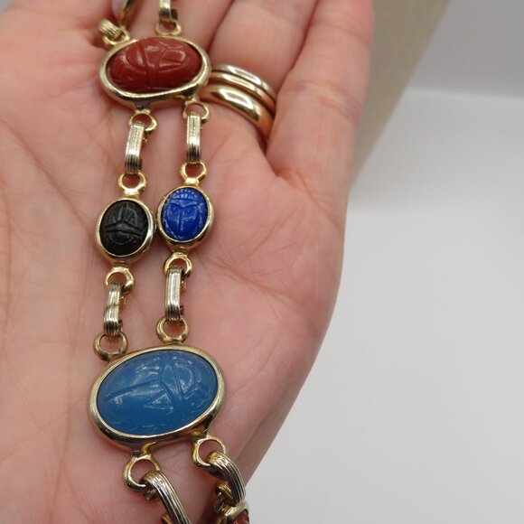 Egyptian Revival Double Strand Scarab Gold Tone Bracelet - Picture 2 of 13